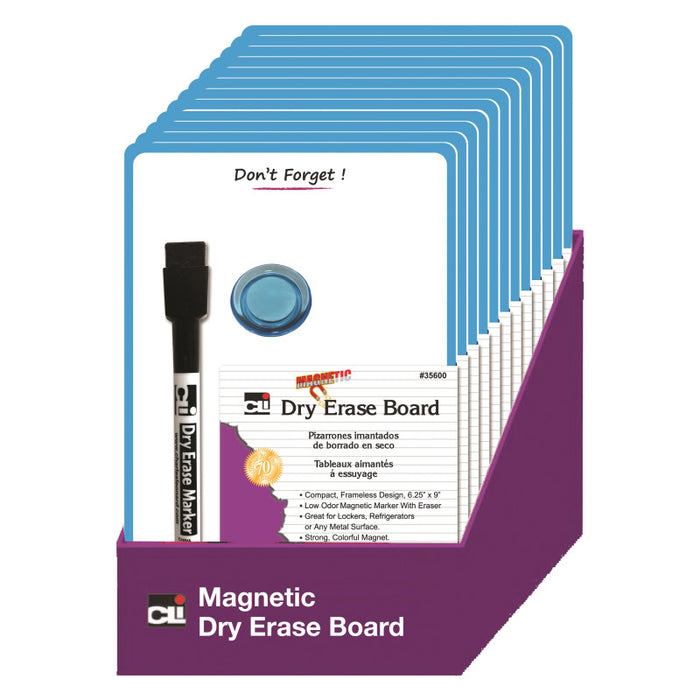 Charles Leonard CHL35600ST Magnetic Mini Dry Erase Boards, 6-1/4" x 9", Marker w/Eraser and 1 Magnet, Blue Frame, Pack of 12