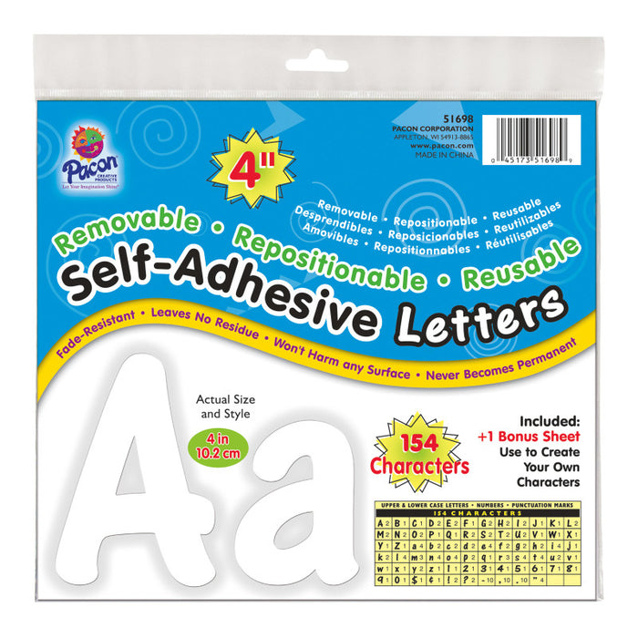 Pacon PAC51698 Self-Adhesive Letters, White, Cheery Font, 4", 154 Characters