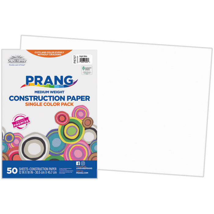 Prang PAC8707 Construction Paper, Medium Weight, Bright White, 12" x 18", 50 Sheets