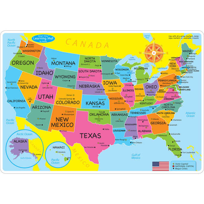 Ashley Productions ASH95600 Smart Poly&trade; Learning Mats, 12" x 17", Double-Sided, U.S. Basic Map, Pack of 10
