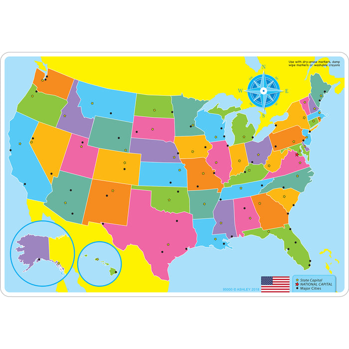 Ashley Productions ASH95600 Smart Poly&trade; Learning Mats, 12" x 17", Double-Sided, U.S. Basic Map, Pack of 10