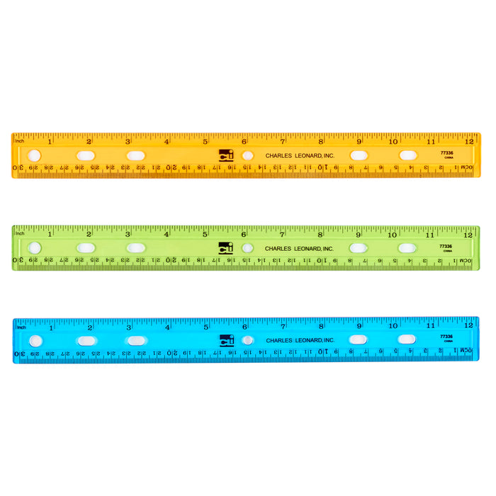 Charles Leonard CHL80336ST Plastic 12" Ruler, Flat, Translucent Assorted Colors, Pack of 36
