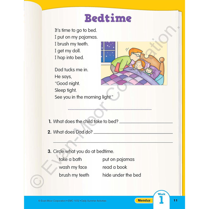 Bedtime storybook page with a child and doll in bed, questions below, and a yellow border.