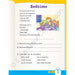 Bedtime storybook page with a child and doll in bed, questions below, and a yellow border.