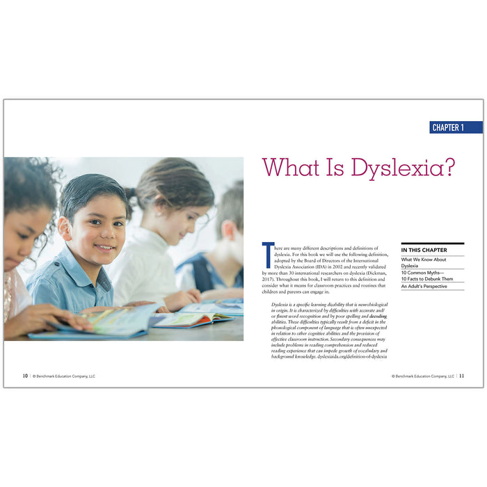 Book page about dyslexia with children reading in a classroom