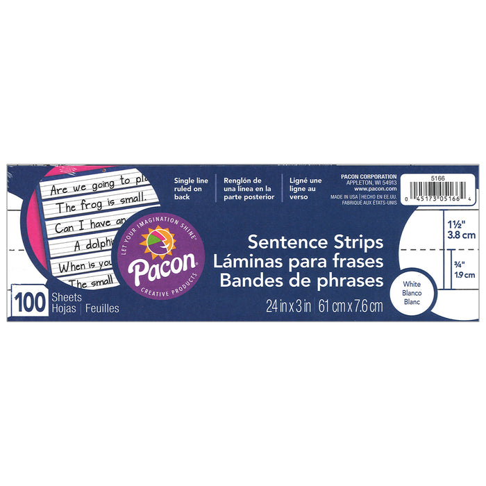Pacon PAC5166 Sentence Strips, White, 1-1/2" Ruled, 3" x 24", 100 Strips