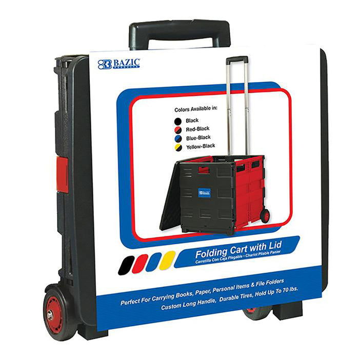 BAZIC Products BAZ2199 Folding Cart on Wheels w/Lid Cover, 16" x 18" x 15", Black/Red