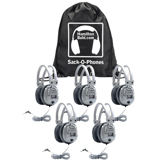 HamiltonBuhl HECSOPSC7V Sack-O-Phones, 5 SC7V Deluxe Headphones with Volume Control in a Carry Bag