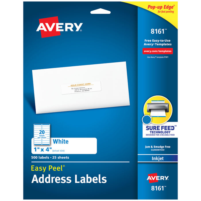 Avery AVE8161 Easy Peel Address Labels, Sure Feed&trade; Technology, Permanent Adhesive, 1" x 4", 500 Labels