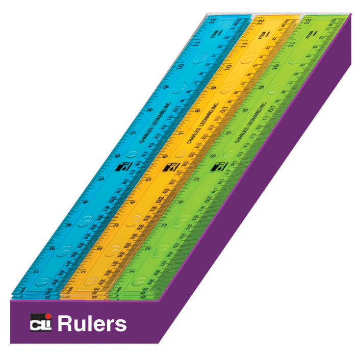 Charles Leonard CHL80336ST Plastic 12" Ruler, Flat, Translucent Assorted Colors, Pack of 36