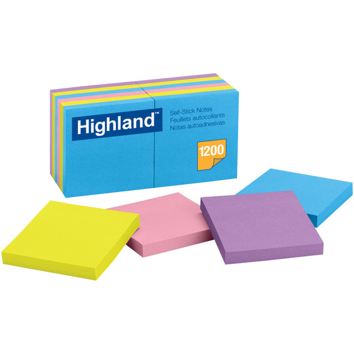 Highland MMM6549B Self-Stick Removable Notes, 3" x 3", Assorted Colors, 12 Pads