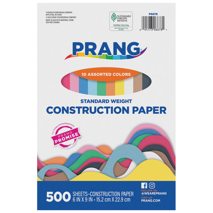 Prang PAC6678 Construction Paper, Standard Weight, 10 Assorted Colors, 6" x 9", 500 Sheets